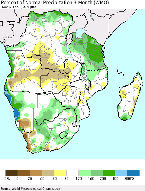 Southern Africa Percent of Normal Precipitation 3-Month (WMO) Thematic Map For 11/6/2023 - 2/5/2024