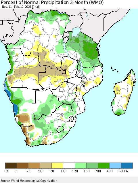 Southern Africa Percent of Normal Precipitation 3-Month (WMO) Thematic Map For 11/11/2023 - 2/10/2024
