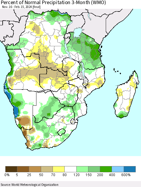 Southern Africa Percent of Normal Precipitation 3-Month (WMO) Thematic Map For 11/16/2023 - 2/15/2024