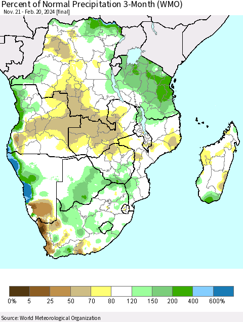 Southern Africa Percent of Normal Precipitation 3-Month (WMO) Thematic Map For 11/21/2023 - 2/20/2024