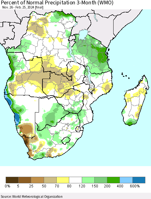 Southern Africa Percent of Normal Precipitation 3-Month (WMO) Thematic Map For 11/26/2023 - 2/25/2024