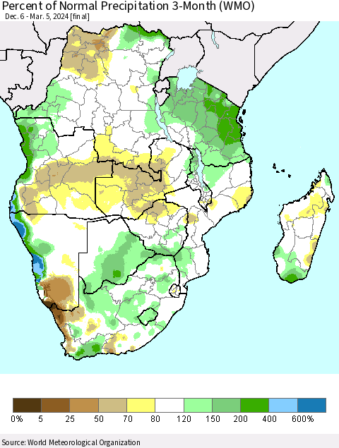 Southern Africa Percent of Normal Precipitation 3-Month (WMO) Thematic Map For 12/6/2023 - 3/5/2024
