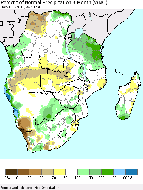 Southern Africa Percent of Normal Precipitation 3-Month (WMO) Thematic Map For 12/11/2023 - 3/10/2024