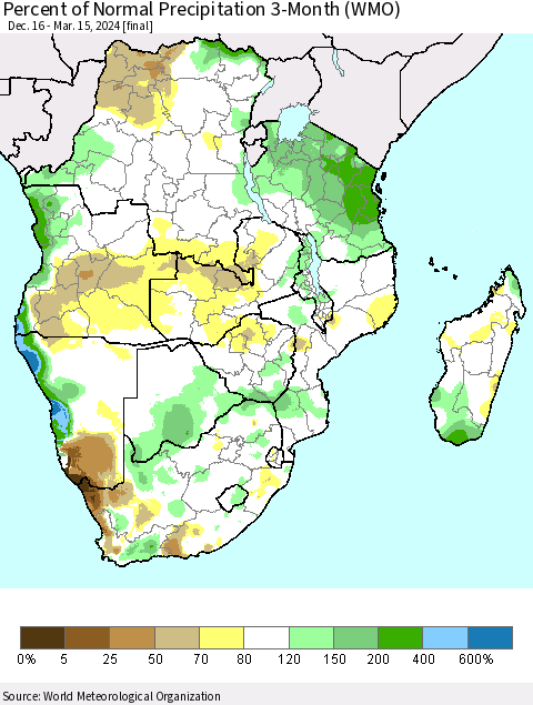Southern Africa Percent of Normal Precipitation 3-Month (WMO) Thematic Map For 12/16/2023 - 3/15/2024