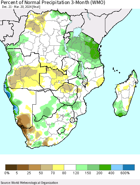 Southern Africa Percent of Normal Precipitation 3-Month (WMO) Thematic Map For 12/21/2023 - 3/20/2024