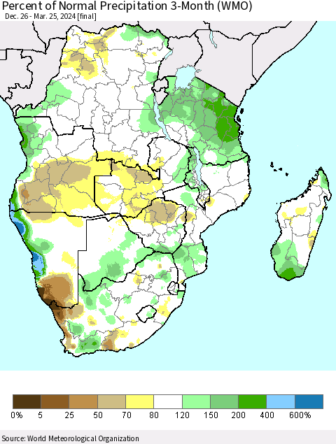 Southern Africa Percent of Normal Precipitation 3-Month (WMO) Thematic Map For 12/26/2023 - 3/25/2024