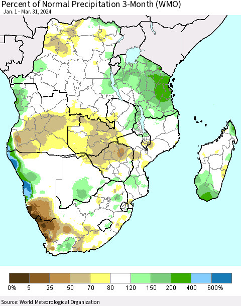 Southern Africa Percent of Normal Precipitation 3-Month (WMO) Thematic Map For 1/1/2024 - 3/31/2024