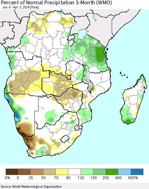 Southern Africa Percent of Normal Precipitation 3-Month (WMO) Thematic Map For 1/6/2024 - 4/5/2024