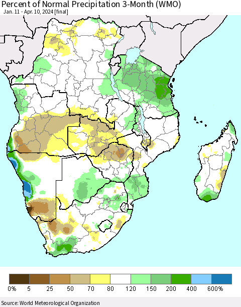 Southern Africa Percent of Normal Precipitation 3-Month (WMO) Thematic Map For 1/11/2024 - 4/10/2024