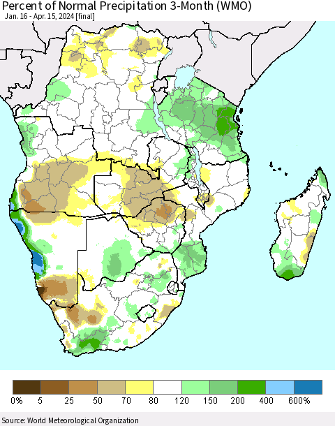 Southern Africa Percent of Normal Precipitation 3-Month (WMO) Thematic Map For 1/16/2024 - 4/15/2024