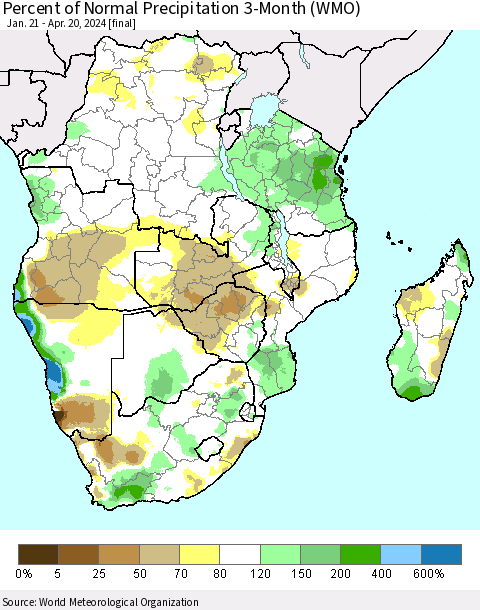 Southern Africa Percent of Normal Precipitation 3-Month (WMO) Thematic Map For 1/21/2024 - 4/20/2024