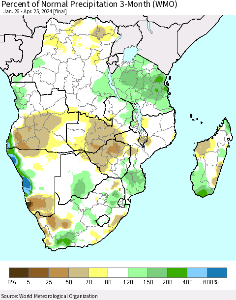 Southern Africa Percent of Normal Precipitation 3-Month (WMO) Thematic Map For 1/26/2024 - 4/25/2024