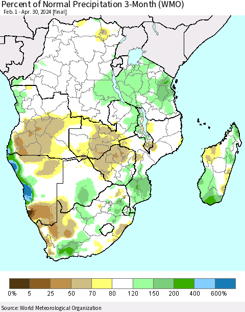 Southern Africa Percent of Normal Precipitation 3-Month (WMO) Thematic Map For 2/1/2024 - 4/30/2024
