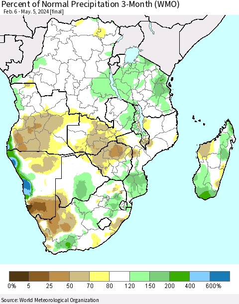 Southern Africa Percent of Normal Precipitation 3-Month (WMO) Thematic Map For 2/6/2024 - 5/5/2024