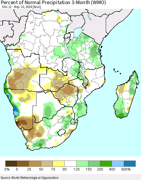 Southern Africa Percent of Normal Precipitation 3-Month (WMO) Thematic Map For 2/11/2024 - 5/10/2024