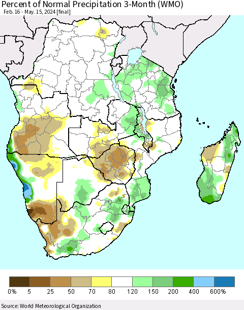 Southern Africa Percent of Normal Precipitation 3-Month (WMO) Thematic Map For 2/16/2024 - 5/15/2024