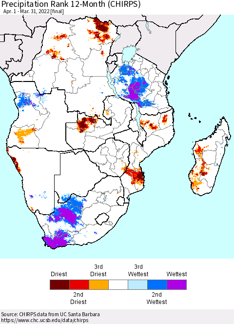 Southern Africa Precipitation Rank since 1981, 12-Month (CHIRPS) Thematic Map For 4/1/2021 - 3/31/2022