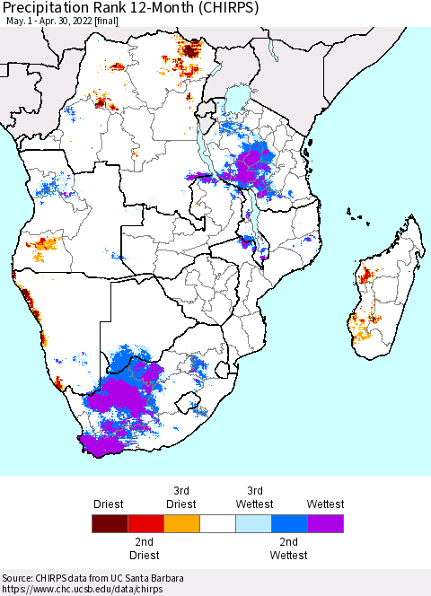 Southern Africa Precipitation Rank since 1981, 12-Month (CHIRPS) Thematic Map For 5/1/2021 - 4/30/2022
