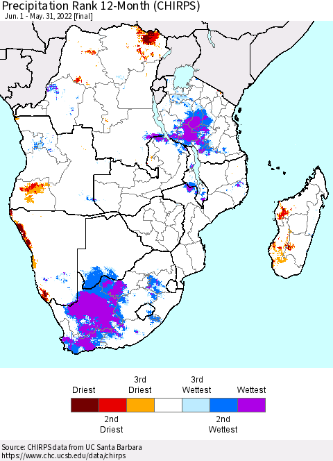 Southern Africa Precipitation Rank since 1981, 12-Month (CHIRPS) Thematic Map For 6/1/2021 - 5/31/2022