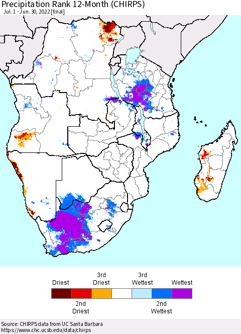 Southern Africa Precipitation Rank since 1981, 12-Month (CHIRPS) Thematic Map For 7/1/2021 - 6/30/2022