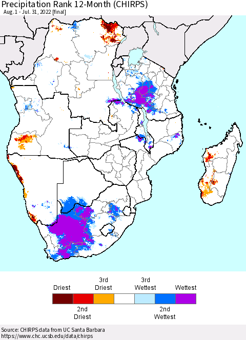 Southern Africa Precipitation Rank since 1981, 12-Month (CHIRPS) Thematic Map For 8/1/2021 - 7/31/2022