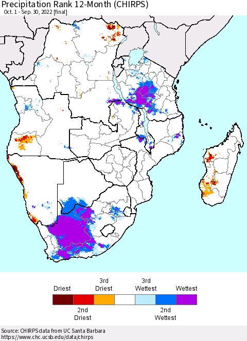 Southern Africa Precipitation Rank since 1981, 12-Month (CHIRPS) Thematic Map For 10/1/2021 - 9/30/2022