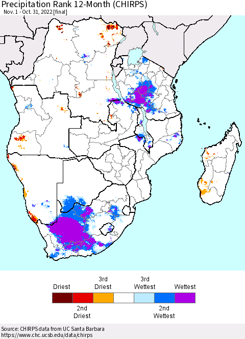 Southern Africa Precipitation Rank since 1981, 12-Month (CHIRPS) Thematic Map For 11/1/2021 - 10/31/2022