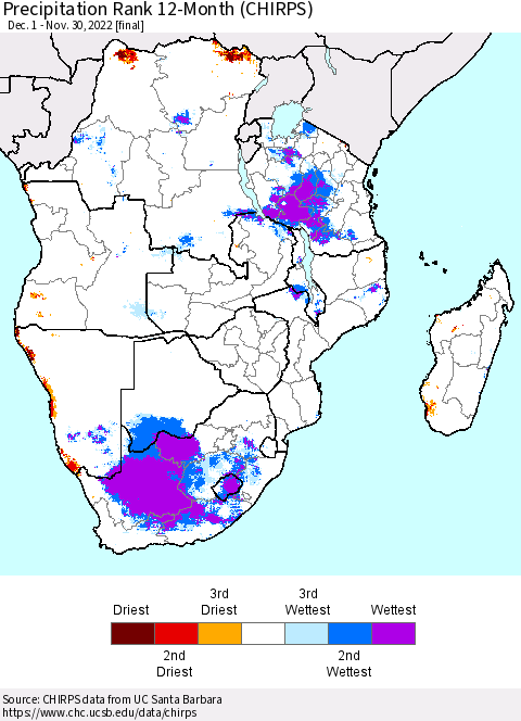 Southern Africa Precipitation Rank since 1981, 12-Month (CHIRPS) Thematic Map For 12/1/2021 - 11/30/2022