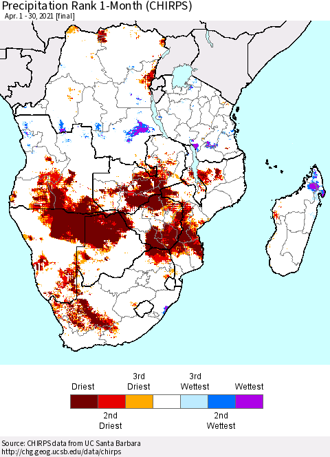 Southern Africa Precipitation Rank since 1981, 1-Month (CHIRPS) Thematic Map For 4/1/2021 - 4/30/2021