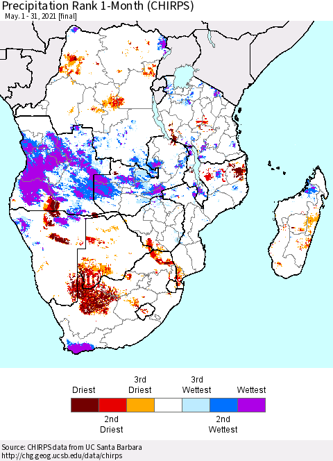 Southern Africa Precipitation Rank since 1981, 1-Month (CHIRPS) Thematic Map For 5/1/2021 - 5/31/2021