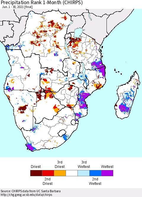 Southern Africa Precipitation Rank since 1981, 1-Month (CHIRPS) Thematic Map For 6/1/2021 - 6/30/2021
