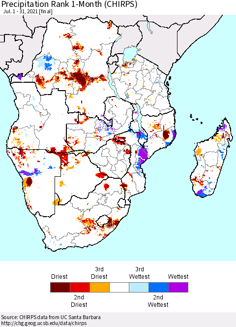 Southern Africa Precipitation Rank since 1981, 1-Month (CHIRPS) Thematic Map For 7/1/2021 - 7/31/2021