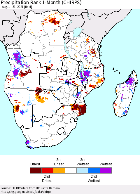 Southern Africa Precipitation Rank since 1981, 1-Month (CHIRPS) Thematic Map For 8/1/2021 - 8/31/2021