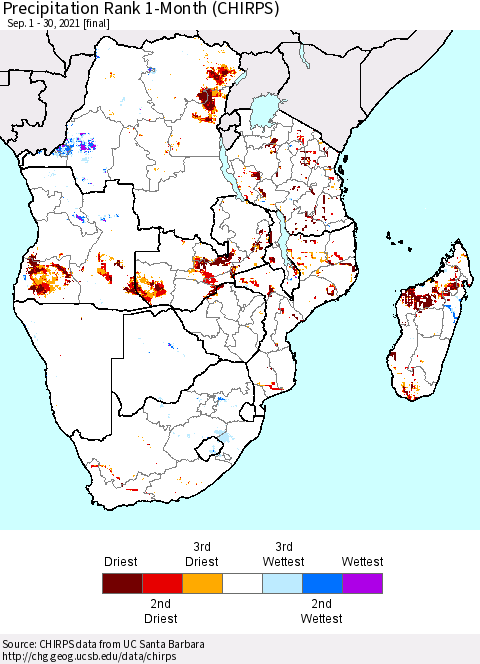 Southern Africa Precipitation Rank since 1981, 1-Month (CHIRPS) Thematic Map For 9/1/2021 - 9/30/2021