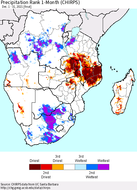 Southern Africa Precipitation Rank since 1981, 1-Month (CHIRPS) Thematic Map For 12/1/2021 - 12/31/2021