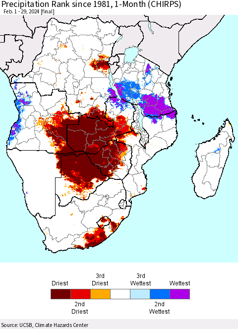 Southern Africa Precipitation Rank since 1981, 1-Month (CHIRPS) Thematic Map For 2/1/2024 - 2/29/2024