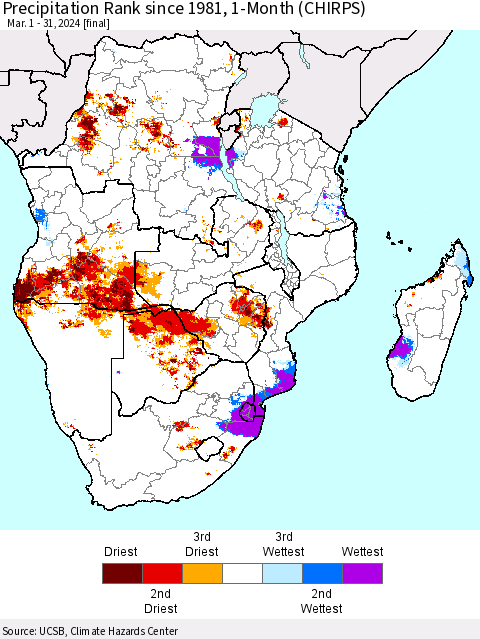Southern Africa Precipitation Rank since 1981, 1-Month (CHIRPS) Thematic Map For 3/1/2024 - 3/31/2024