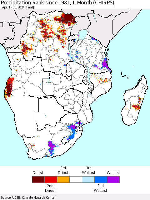 Southern Africa Precipitation Rank since 1981, 1-Month (CHIRPS) Thematic Map For 4/1/2024 - 4/30/2024