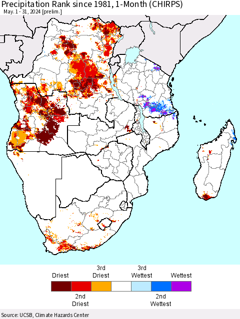 Southern Africa Precipitation Rank since 1981, 1-Month (CHIRPS) Thematic Map For 5/1/2024 - 5/31/2024