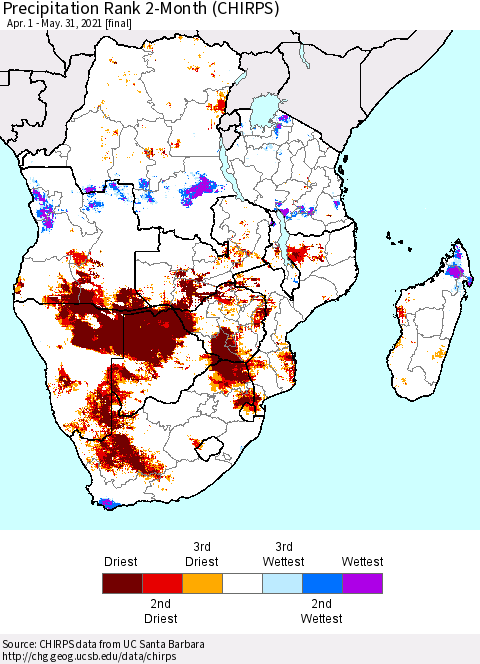 Southern Africa Precipitation Rank since 1981, 2-Month (CHIRPS) Thematic Map For 4/1/2021 - 5/31/2021