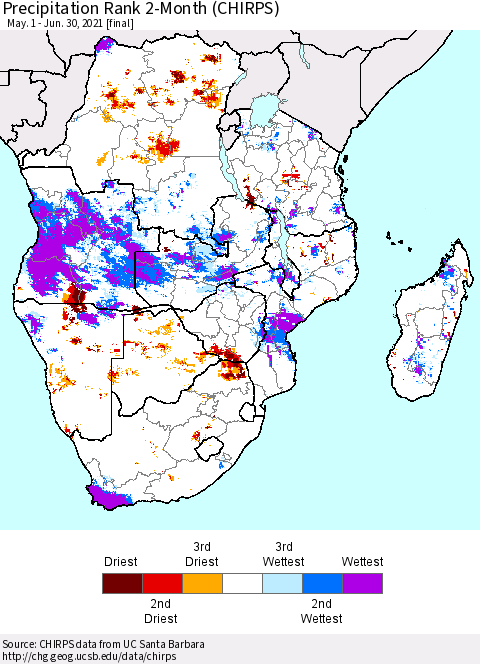 Southern Africa Precipitation Rank since 1981, 2-Month (CHIRPS) Thematic Map For 5/1/2021 - 6/30/2021