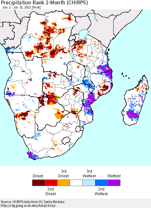 Southern Africa Precipitation Rank since 1981, 2-Month (CHIRPS) Thematic Map For 6/1/2021 - 7/31/2021