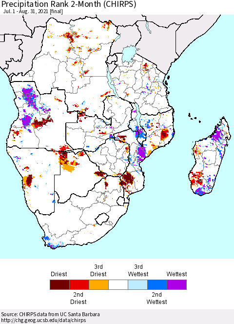 Southern Africa Precipitation Rank since 1981, 2-Month (CHIRPS) Thematic Map For 7/1/2021 - 8/31/2021