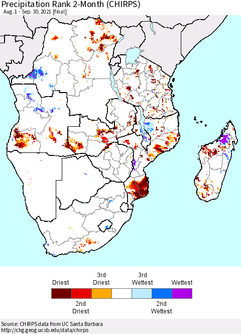 Southern Africa Precipitation Rank since 1981, 2-Month (CHIRPS) Thematic Map For 8/1/2021 - 9/30/2021