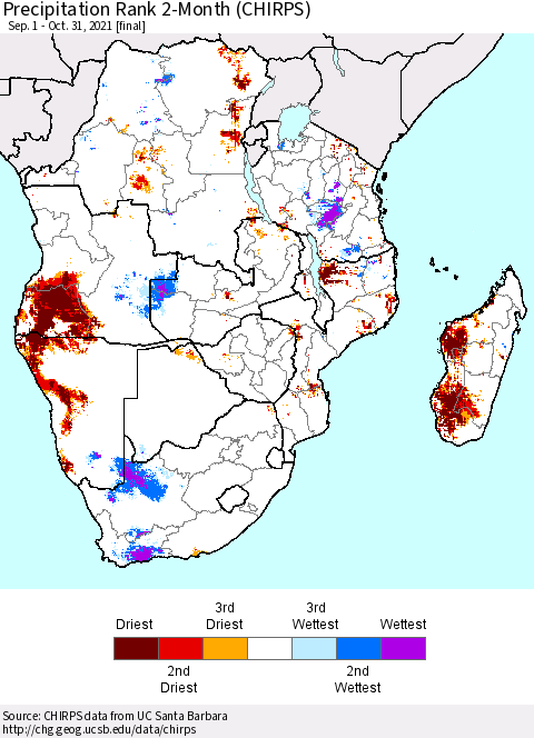 Southern Africa Precipitation Rank since 1981, 2-Month (CHIRPS) Thematic Map For 9/1/2021 - 10/31/2021