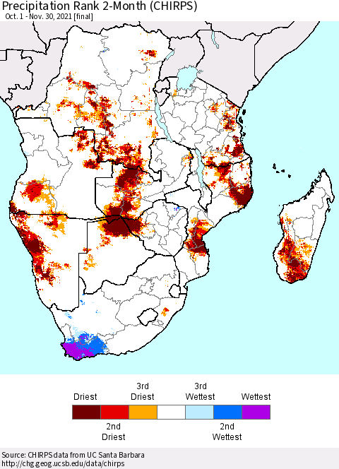 Southern Africa Precipitation Rank since 1981, 2-Month (CHIRPS) Thematic Map For 10/1/2021 - 11/30/2021