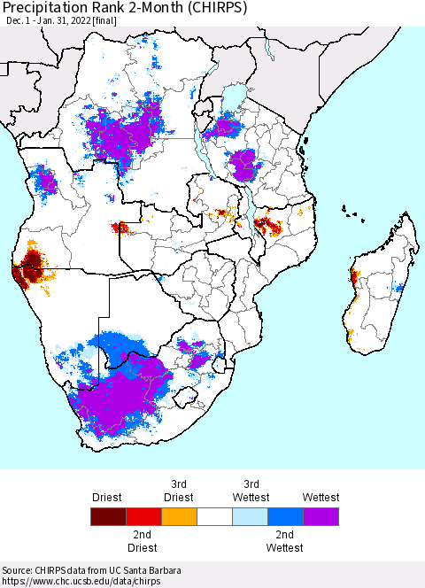 Southern Africa Precipitation Rank since 1981, 2-Month (CHIRPS) Thematic Map For 12/1/2021 - 1/31/2022