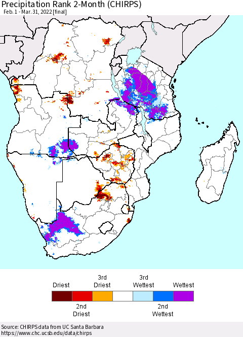 Southern Africa Precipitation Rank since 1981, 2-Month (CHIRPS) Thematic Map For 2/1/2022 - 3/31/2022
