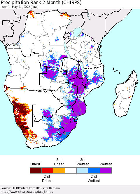Southern Africa Precipitation Rank since 1981, 2-Month (CHIRPS) Thematic Map For 4/1/2022 - 5/31/2022