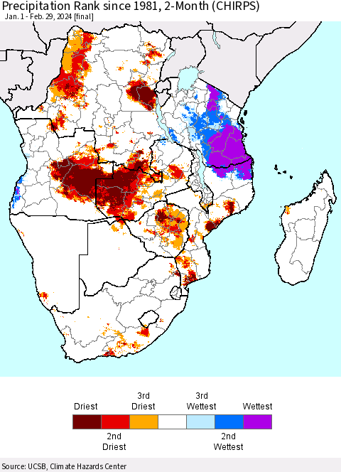 Southern Africa Precipitation Rank since 1981, 2-Month (CHIRPS) Thematic Map For 1/1/2024 - 2/29/2024
